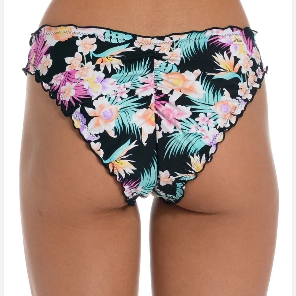 NEW Hobie Island Hopping Ruffled Hipster Bikini Bottom Black Pink Medium NWT